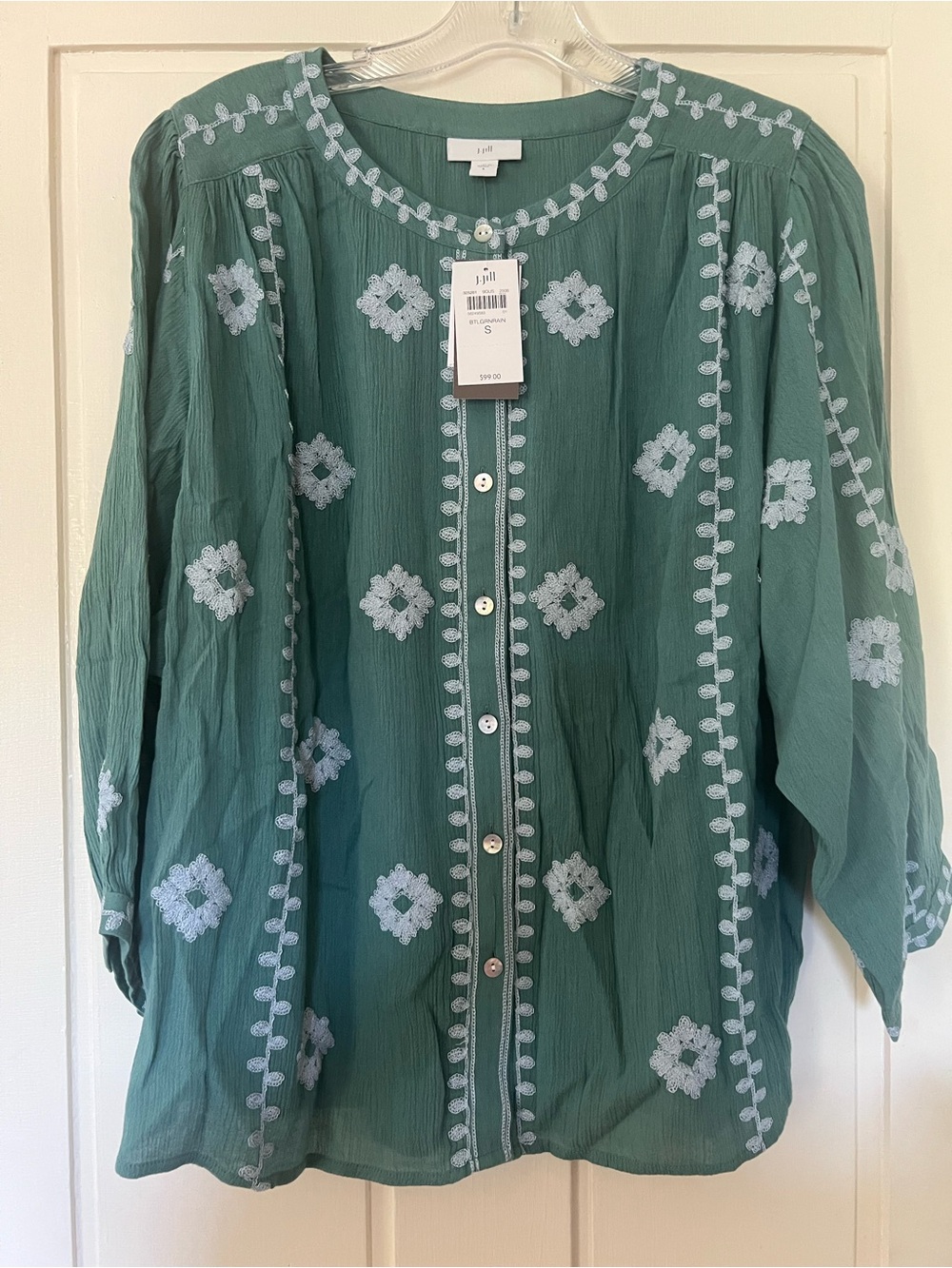 J. Jill Sage Green Embroidered Button-Front Blouse